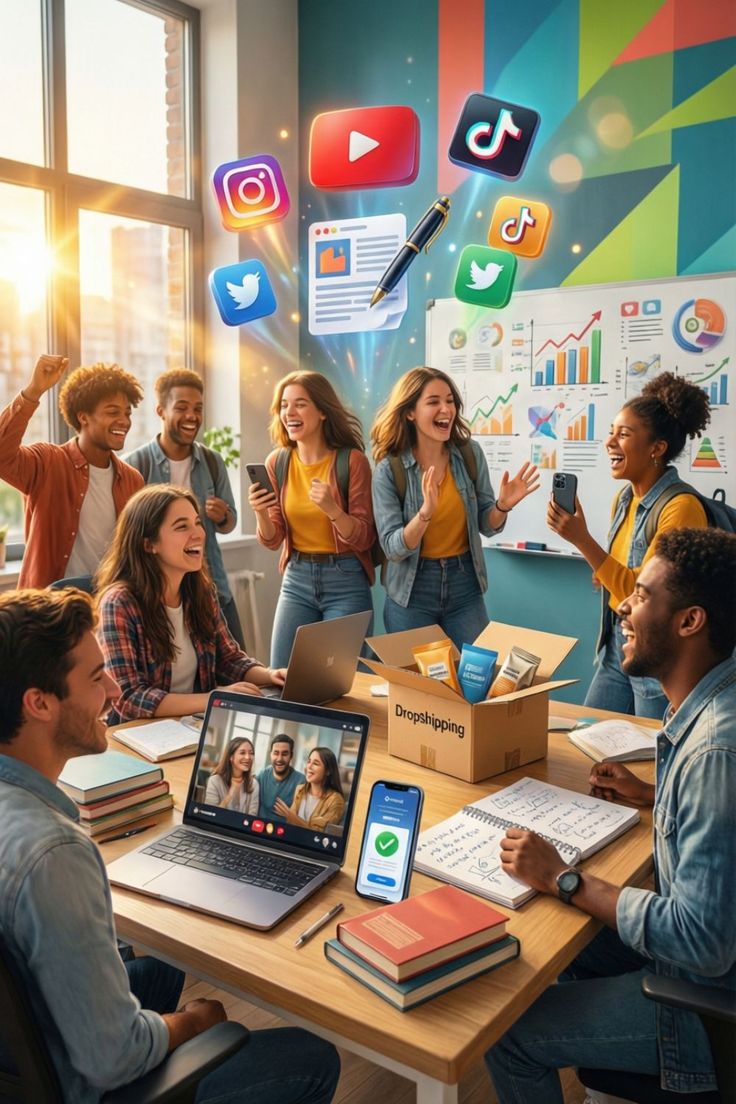Une équipe joyeuse construit et présente un projet digital ensemble