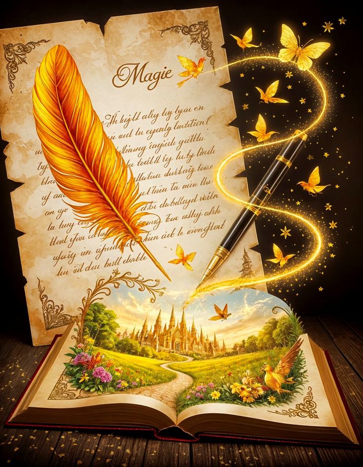 Un livre ouvert dont s'échappe un monde imaginaire lumineux